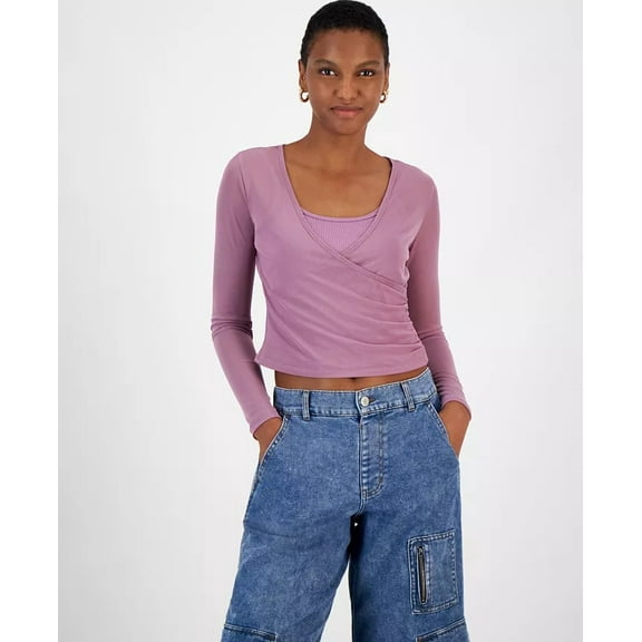 Ultra Flirt VALERIAN Women's Juniors' Mesh Surplice-Neck L/S Two-Fer, US Large