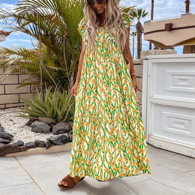 Lenago Robe Sans Manches Grande Taille pour Femmes Mode Été Décontractée Imprimé Col Carré Robe Longue Ample Sans Manches Robes de Plage d'Été en Liquidation