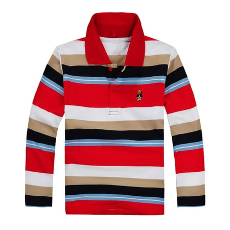 WOYY Big Boys Striped Polo Shirt Long Sleeve Versatile T-Shirt Sizes 3-14