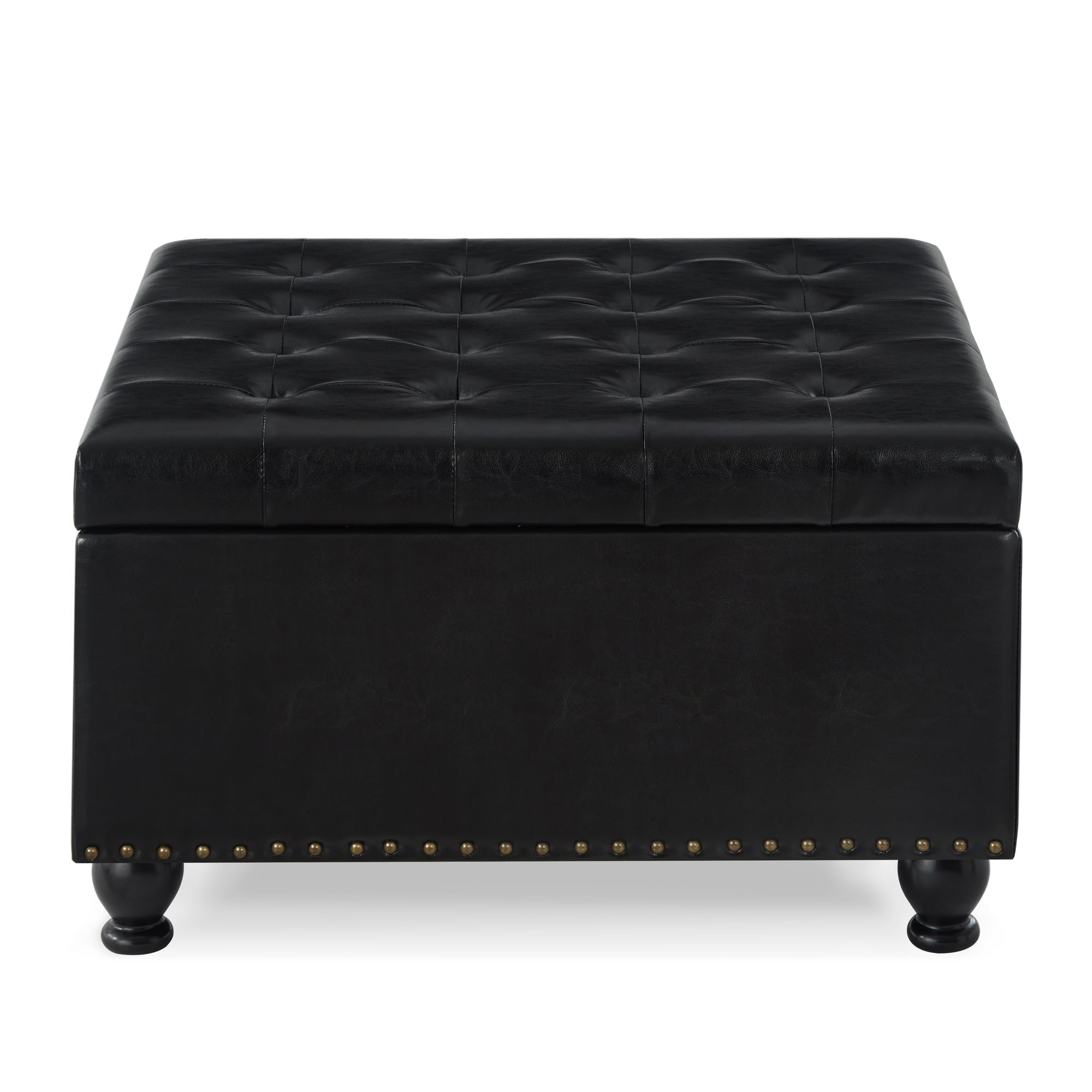Square Storage Ottoman Coffee Table, Large Upholstered Ottoman with Hidden Storage, Button Tufted Bench with Nailhead Trim & Wooden Legs,Black