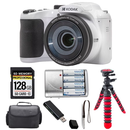 Kodak PIXPRO AZ255 Digital Camera (White)+ Spider Tripod + Case - 128GB Kit