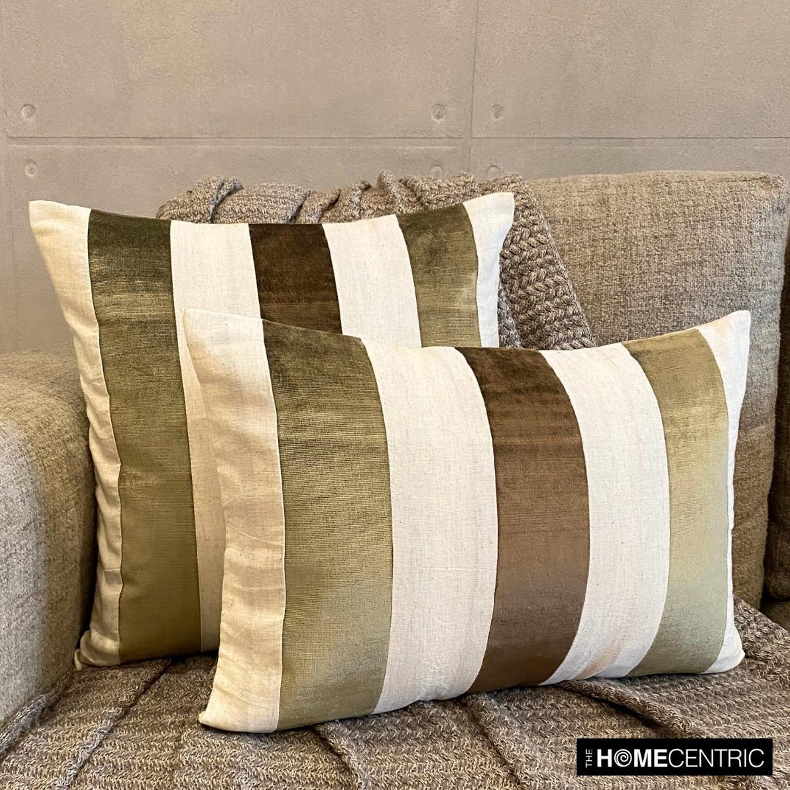 The HomeCentric Decorative Pillows cover Brown 26"x26" (65x65 cm) Velvet Striped And Linen Outdoor furniture Euro Pillow Shams, Patchwork Modern Style - Velvet Band Earthy