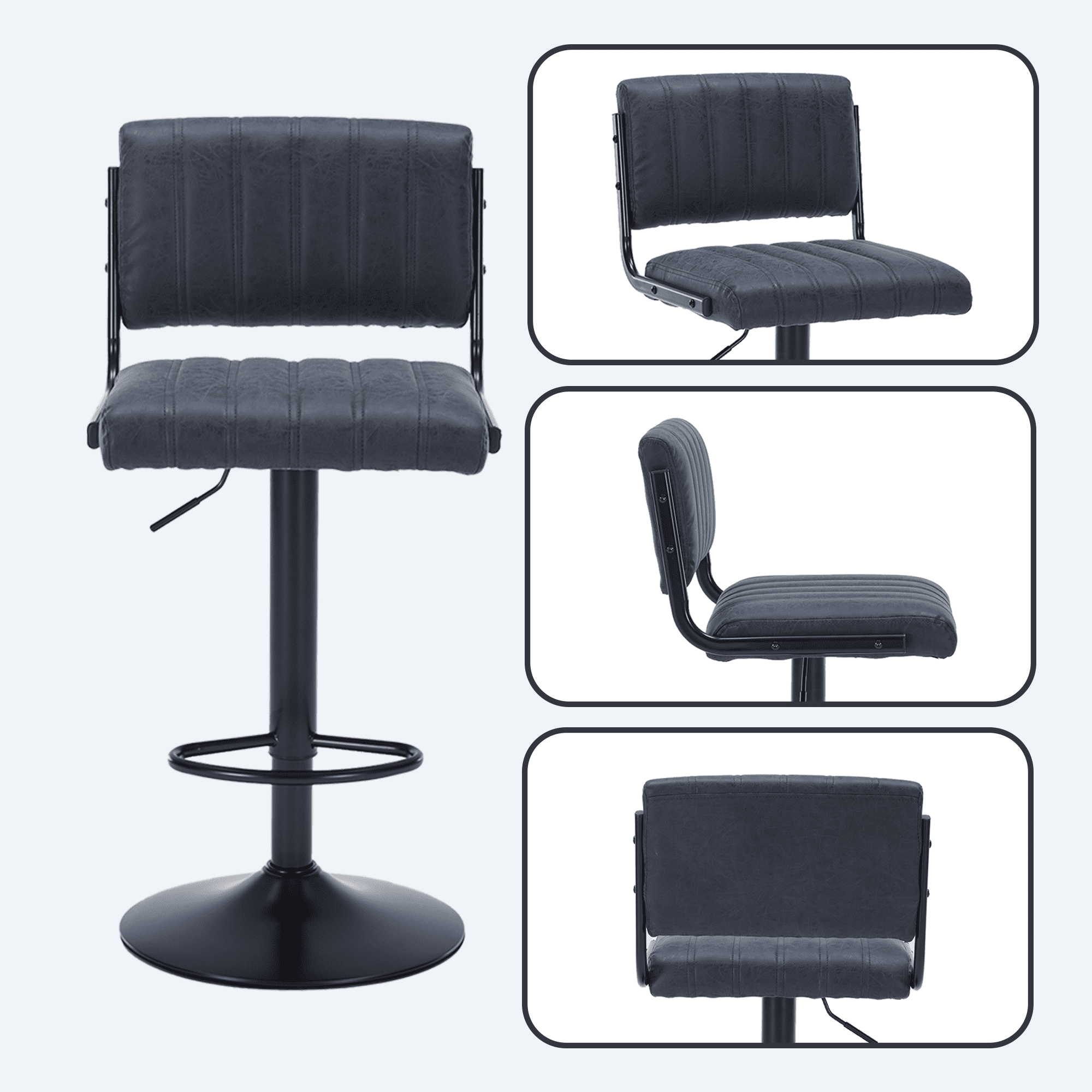 ENYLAY Adjustable Swivel Bar Stools Set of 4, Modern Faux Leather Counter Height Bar Chairs with Mid Back & Footrest for Kitchen Island Home Bar Pub, Black