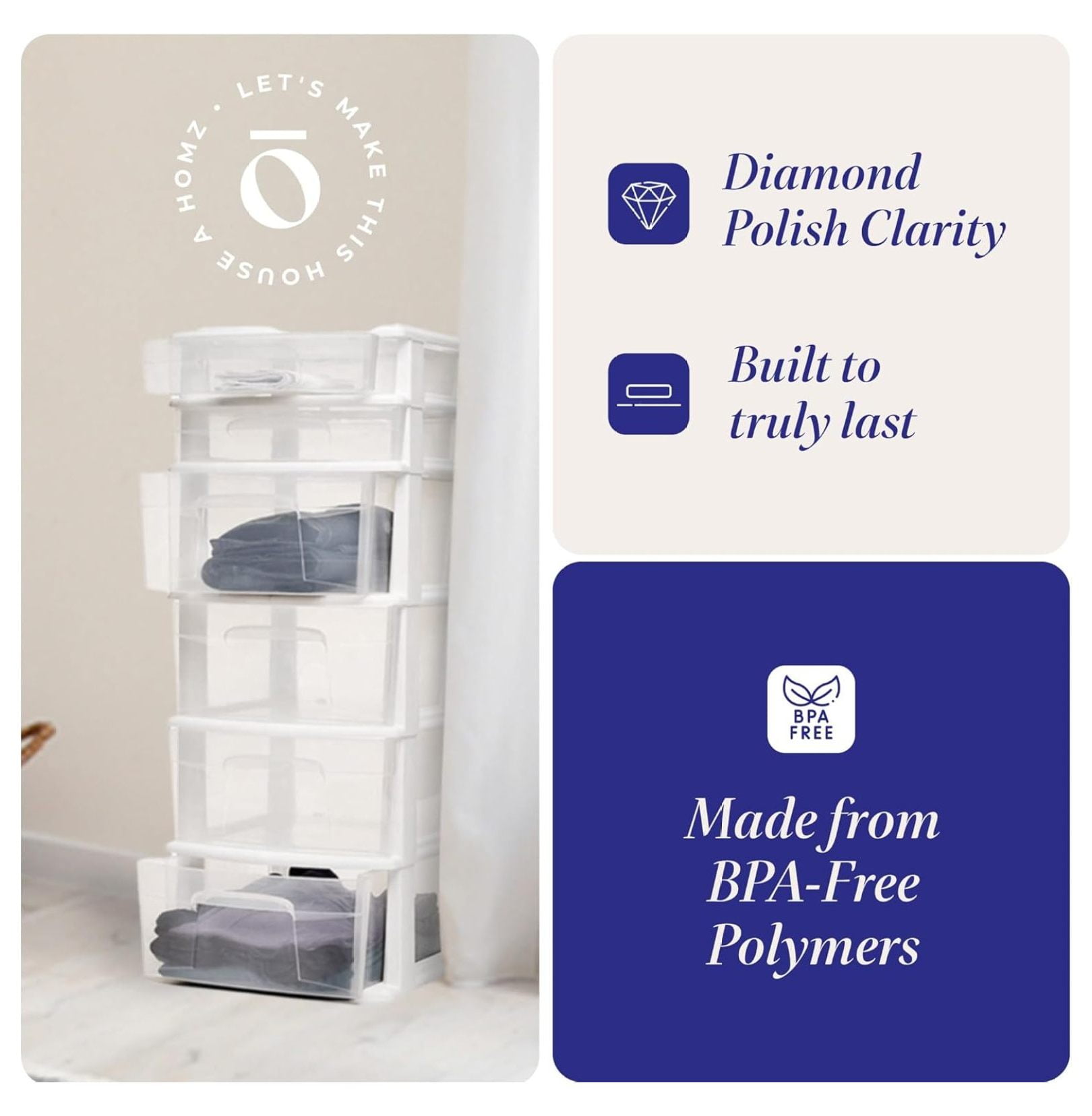 Drawer Tower, 6-Tier Clear Plastic Storage Organizer Cart, White Frame - Heavy-Duty Organizing Drawers for Home, Bedroom, and Closet Organization
