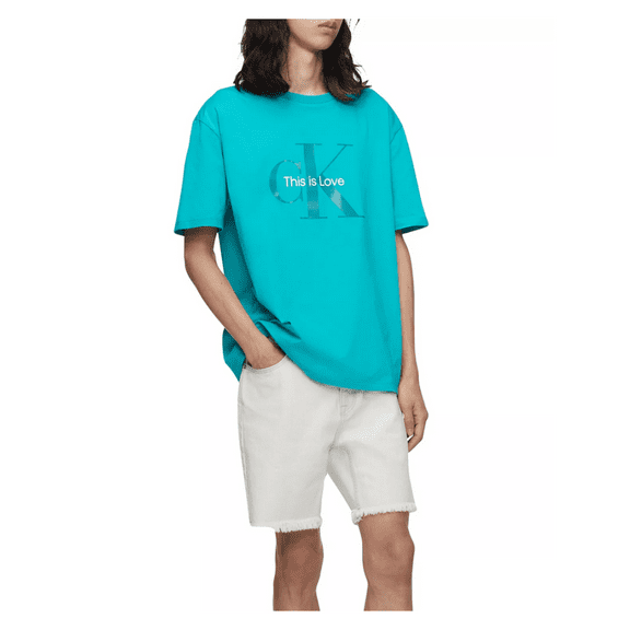 Calvin Klein Men's Pride Logo-Print T-Shirt, Island Turquoise,M