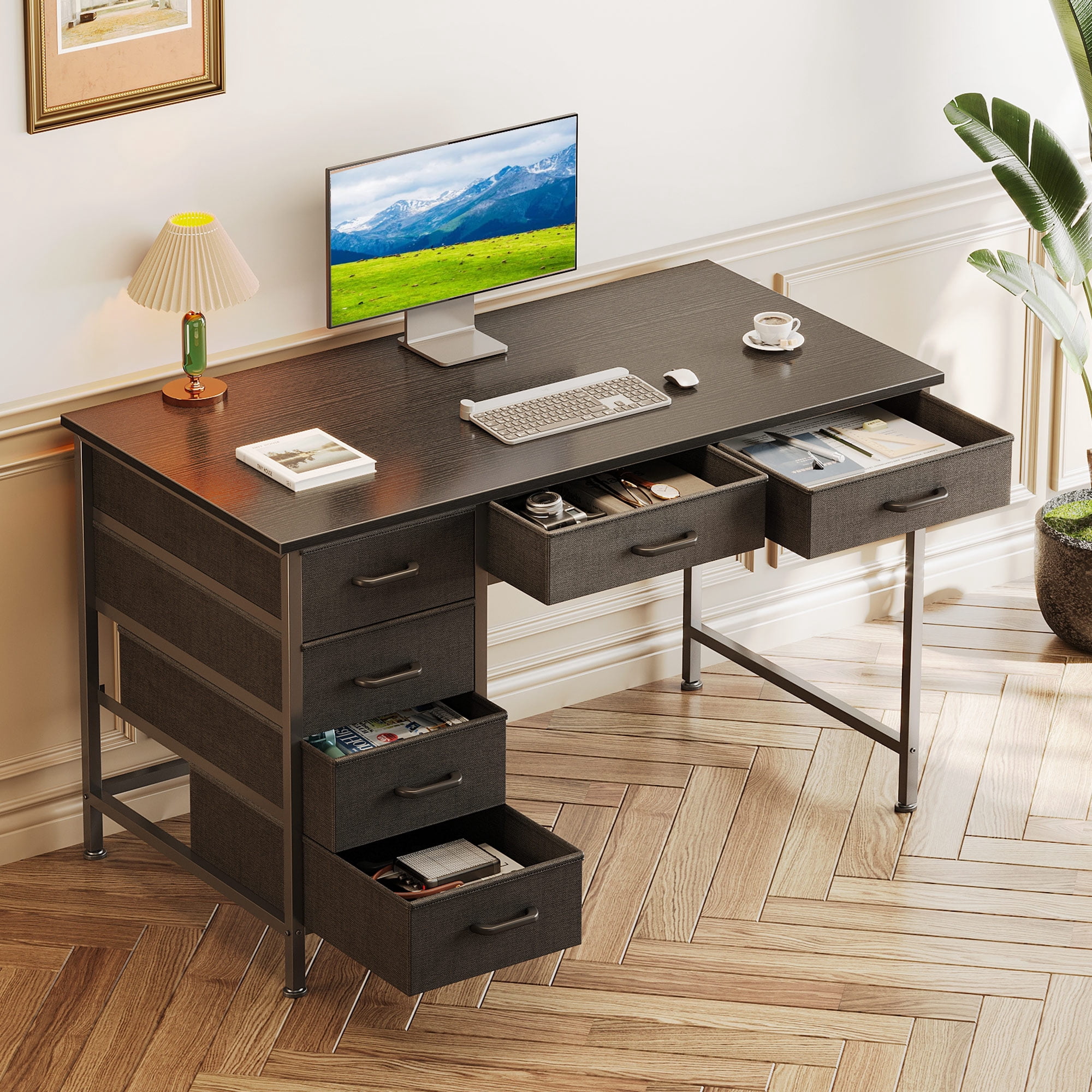 Casacomoda 40" Home Office Desk with 6 Drawers, Modern Computer Desk with Small Space, Corner Computer Desk, Black