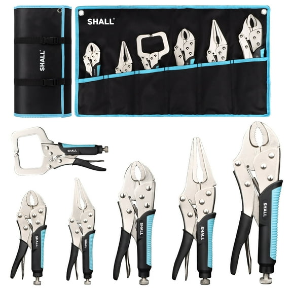 SHALL 6-Piece Locking Pliers Tool Set, Vice Grips Pliers Set, 5",7" & 10" Curved Jaw Vise Grip Pliers, 6-1/2" & 9-1/2 Needle Nose Locking Pliers, 6" Locking C-Clamp