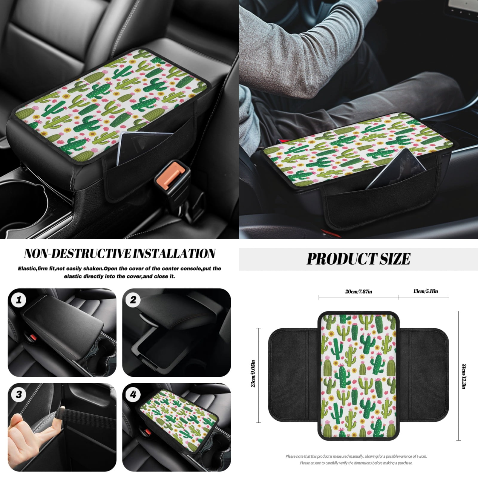 Jeiento Cactus Car Seat Cover for Women Men with Steering Wheel Cover Seatbelt Pads Handbrake Cover Gear Shift Knob Cover Trash Can Armrest Cover Rearview Mirror Cover Coasters 14pcs Auto Accessory