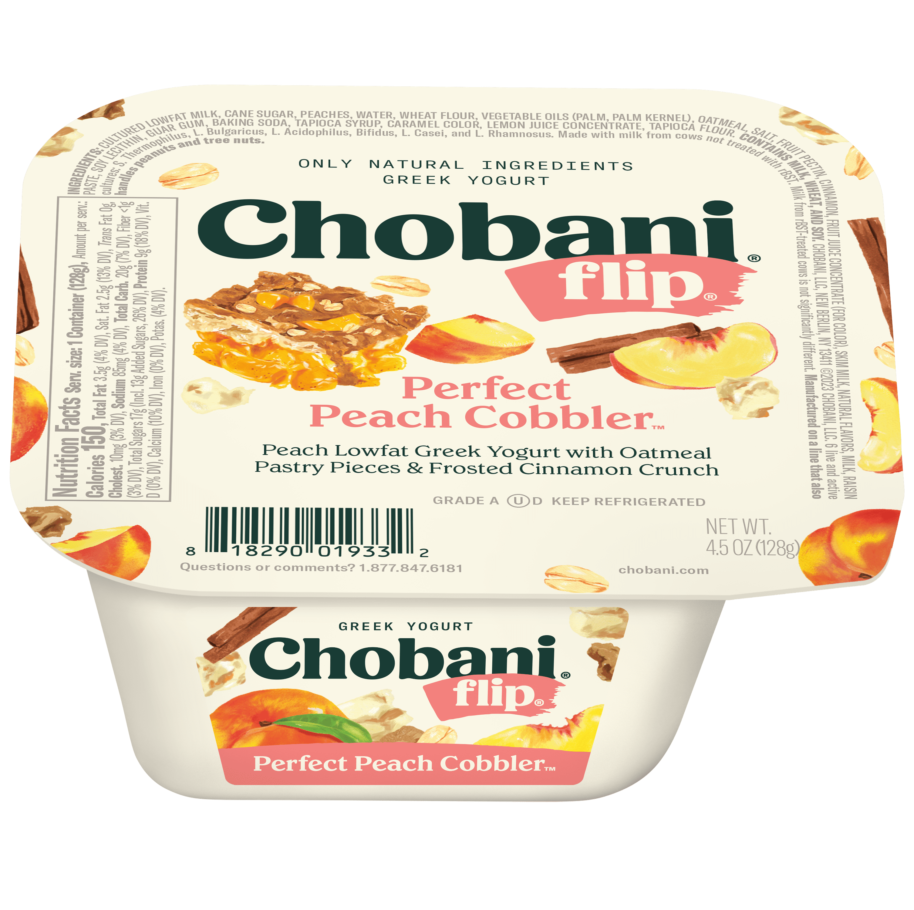 Chobani Flip Low-Fat Greek Yogurt, Perfect Peach Cobbler 4.5 oz Cup