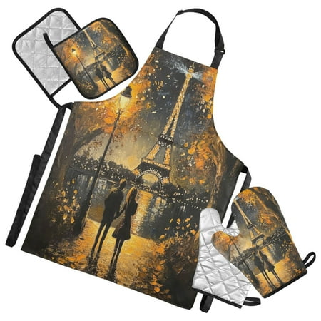 

5-Piece Kitchen Apron Set with Heat-Resistant Gloves & Insulation Mats for Cooking Baking BBQ Romantic Painting