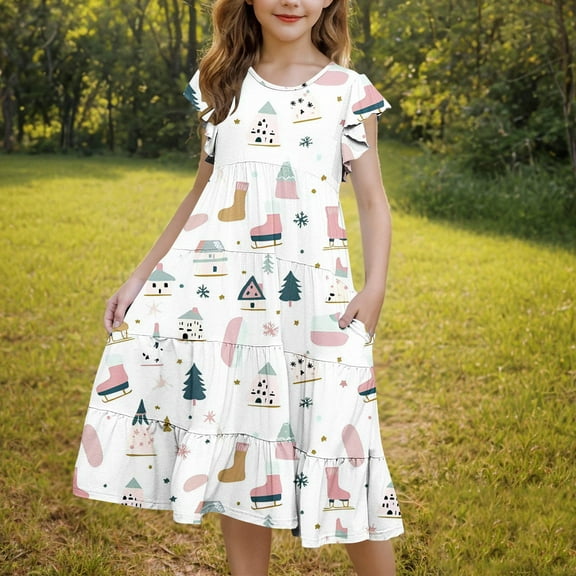 Pounoo New Kids Dresses Girls (6-15 Y) Girl New Short-Sleeved Flying Sleeve Round Neck Printed Waist Pocket Layered Dress For Children'S Day In Summer Girls Dresses 7-8