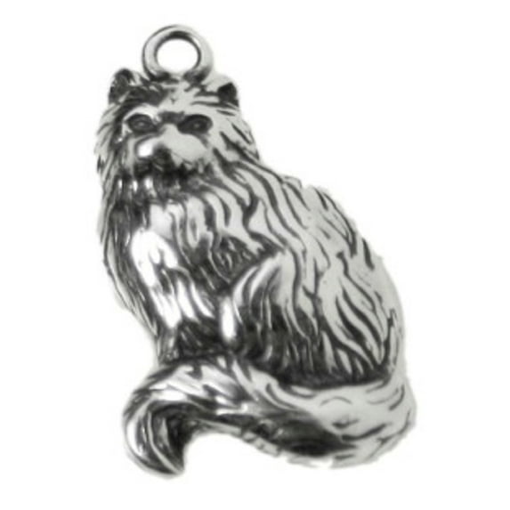 Sterling Silver 8" 4.5mm Charm Bracelet With Attached Adult Long Hair Furry Fuzzy Cat Charm