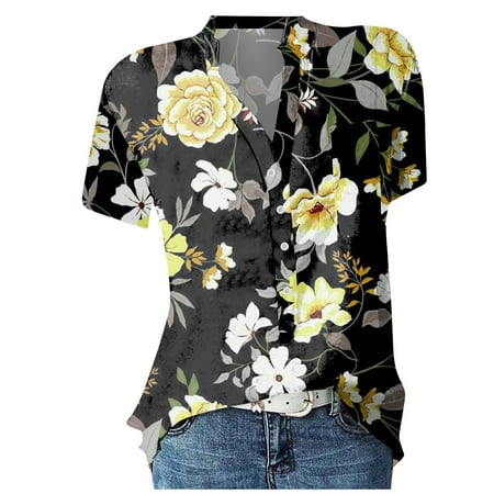

Alrise Women s Casual Printed V-Neck Short-Sleeved Shirt Pullover Loose Blouse Tops Black XL