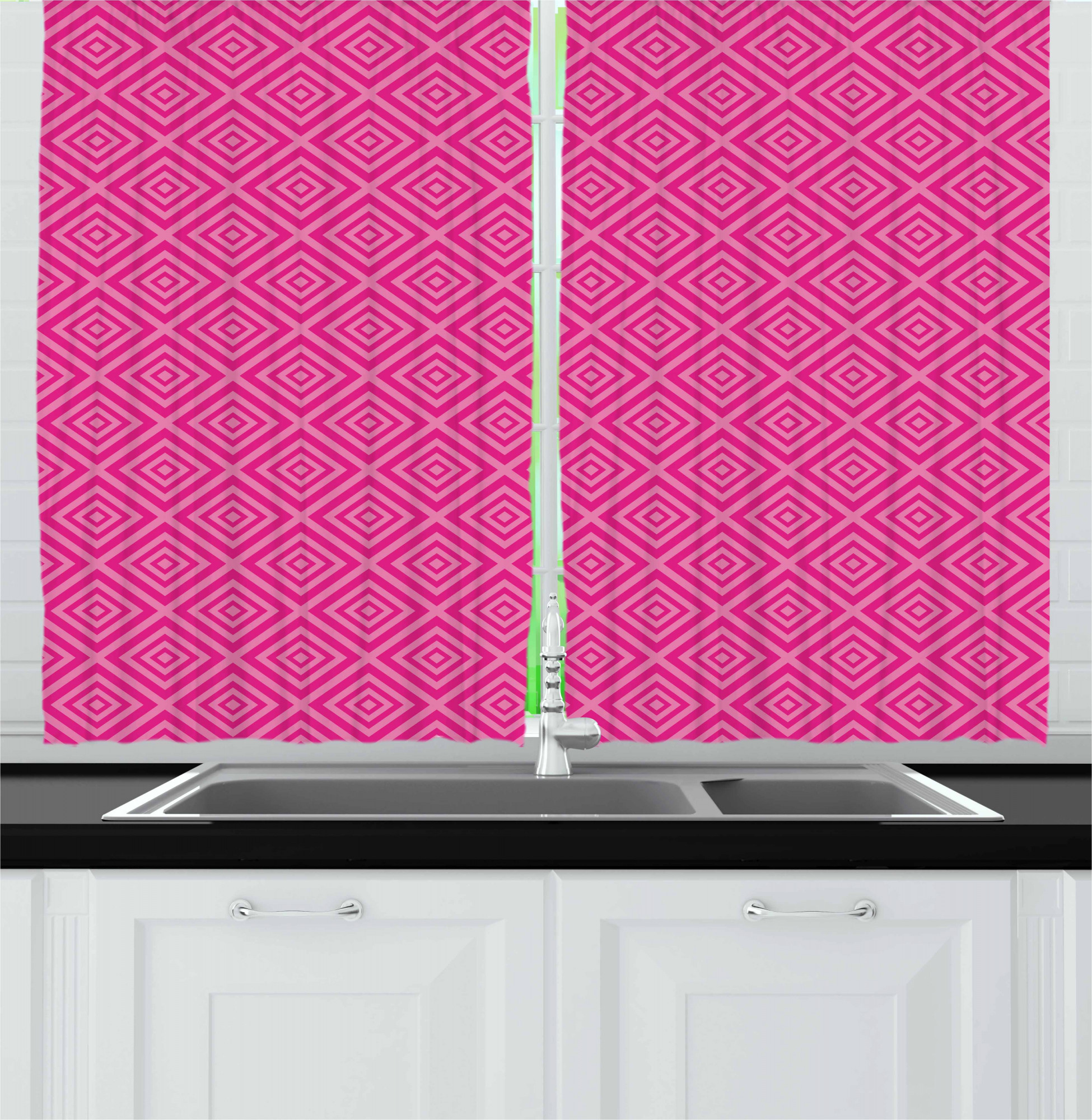 Hot Pink Kitchen Curtains, Darker Colored Squares Pattern Nested Design