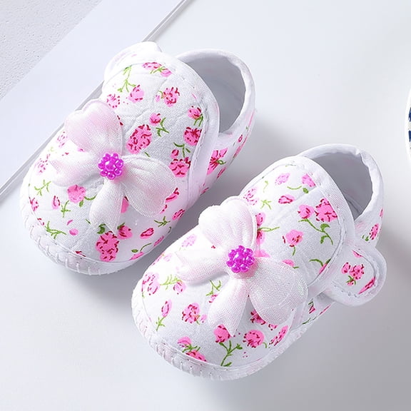 Infant Baby Floral Print Flower Decor Crib Shoes, Lightweight Soft Sole Non‑slip Pre‑walker Footwear for Newborn Girls Pink 11