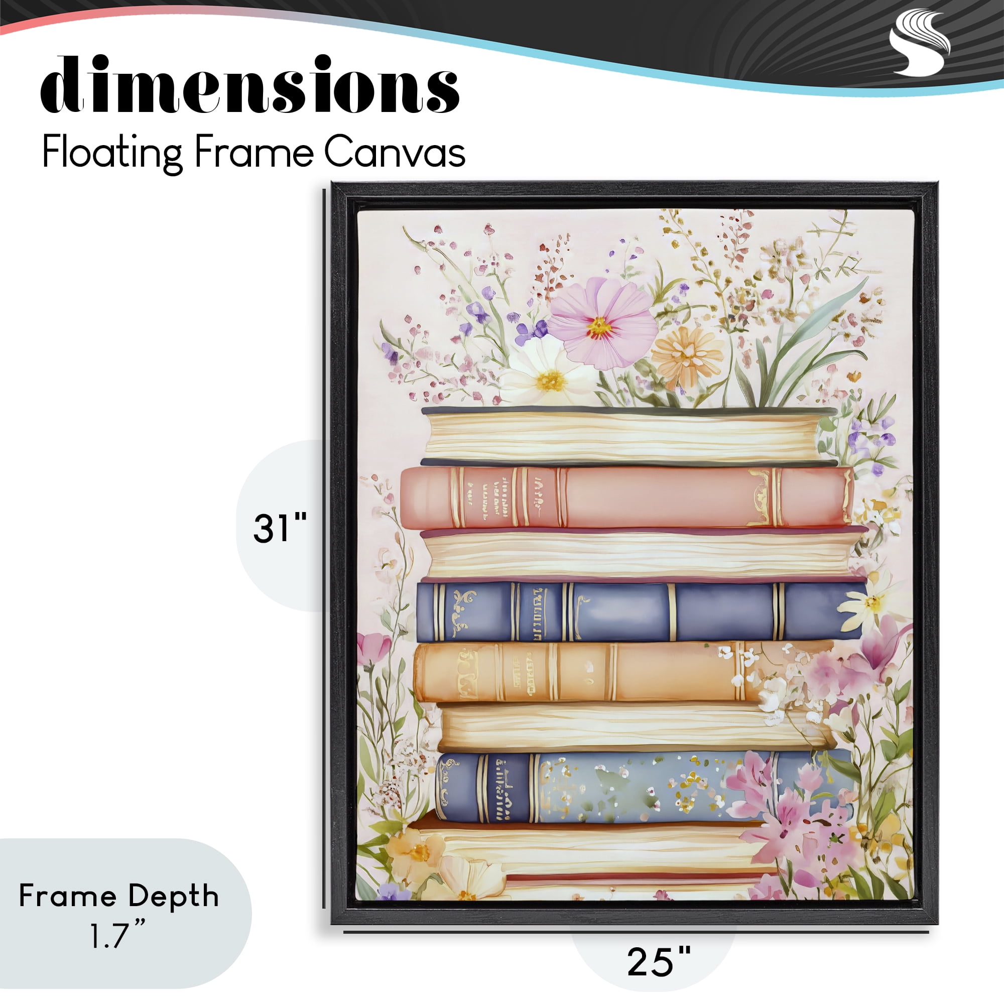 Stupell Industries Blooming Bookstack in Pastels Black Framed Floater Canvas Wall Art, design by LSR Design Studio