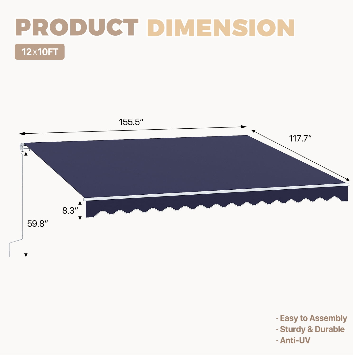 BaPiPro 12'x10' Manual Retractable Awning for Patio, Outdoor Sun Shade Waterproof Fabric Canopy with Crank Handle, UV Protection for Deck Balcony,Blue
