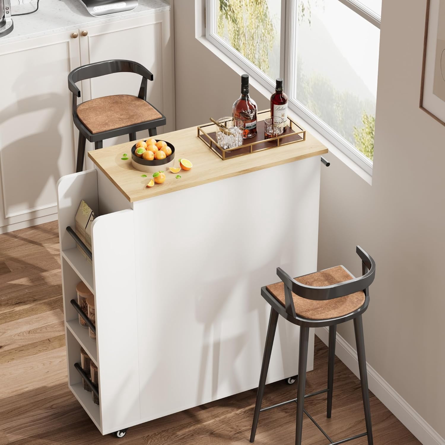 Multi-Functional Kitchen Island Cart with 2 Glass-Door Cabinets, Drawer, Spice Rack, and Towel Bar on Wheels