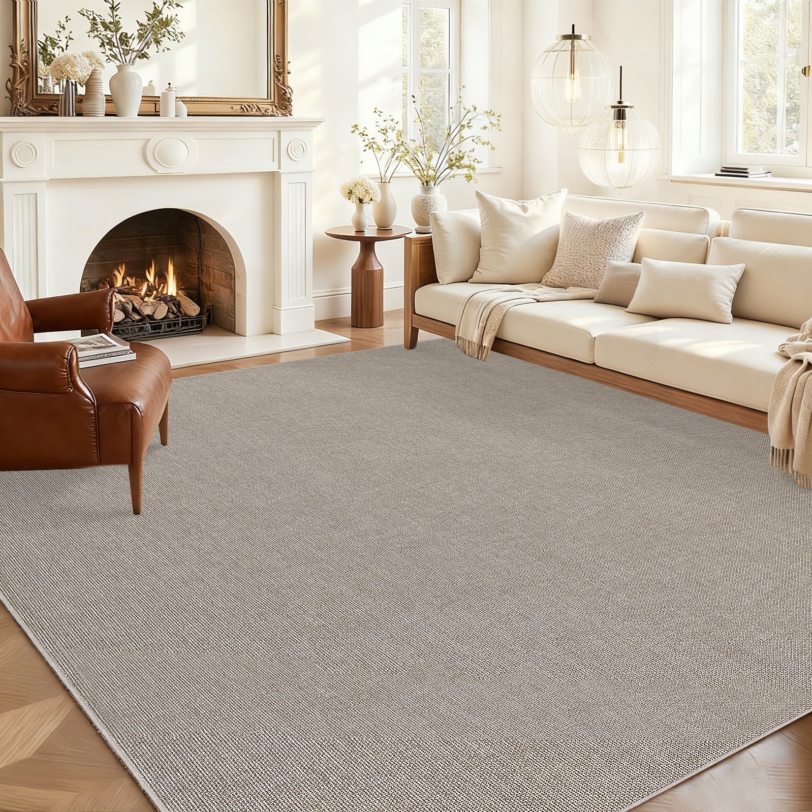 Garvee 8'x10' Modern Solid Color Area Rug Minimalist Woven Textured Carpet, Washable Rug Non Slip Low Pile Indoor Mats for Living Room Bedroom Dining Room, Beige