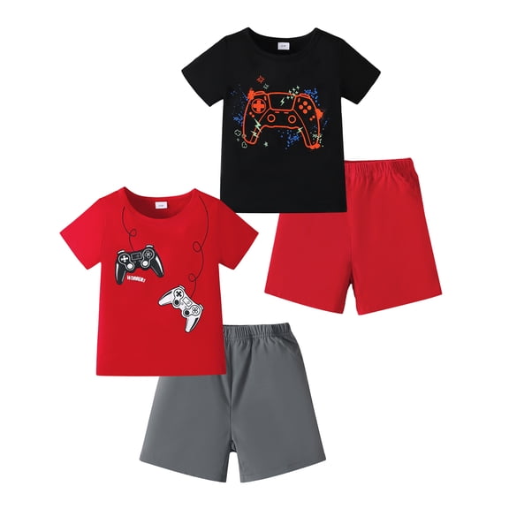 Kucnuzki 3T Toddler Boys Summer Outfit Set 4T Child Boys Clothes Set 2 Packs Short Sleeves T-shirt Top Game Print Top Shorts 4pcs Short Sets Multicolor