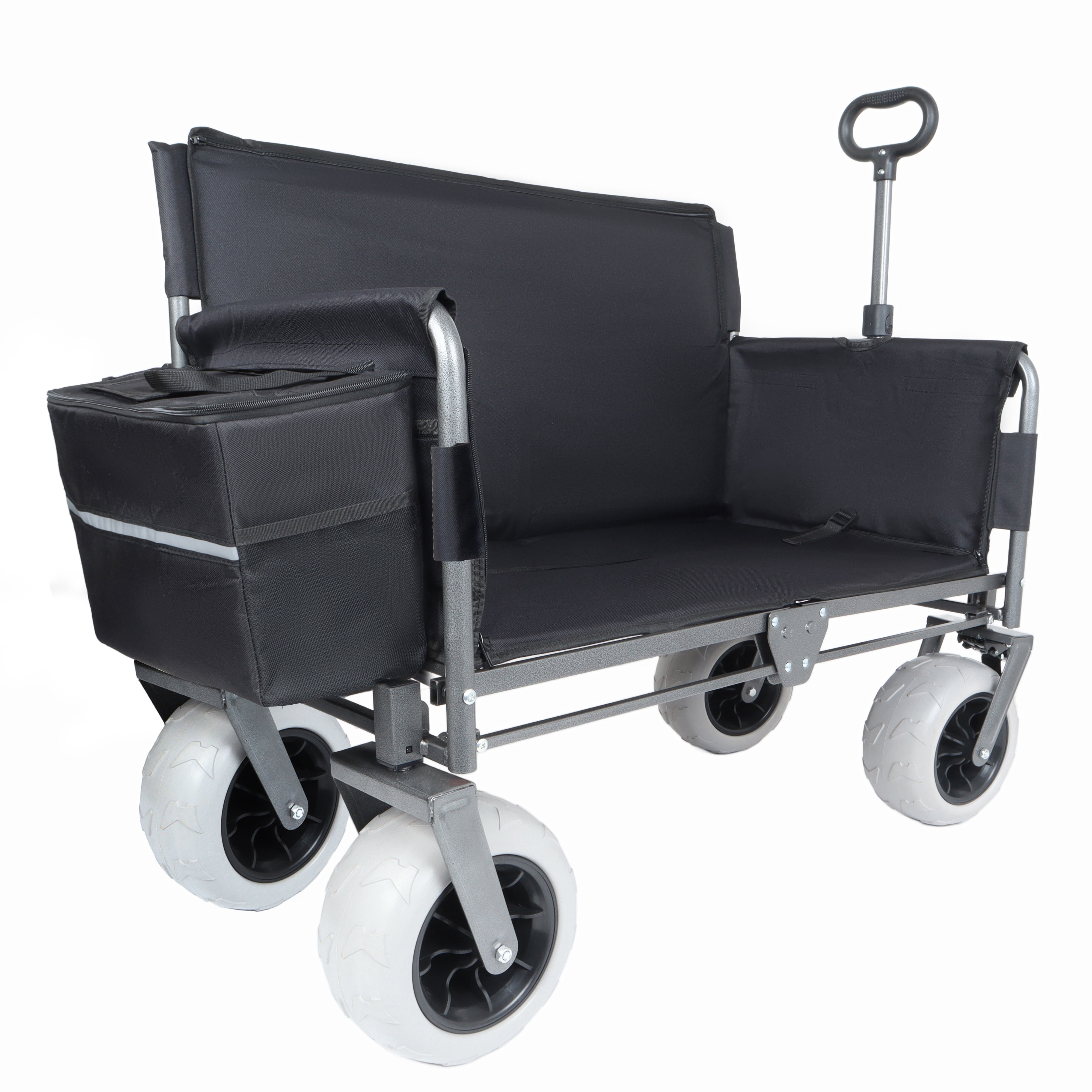 3-in-1 Folding Wagon with Bench Seat, Patent Protected, 500lbs Capacity, 9"x4" All-Terrain Beach Tires, Includes 1 Ice Pack, Black for Camping Beach Groceries Outdoor