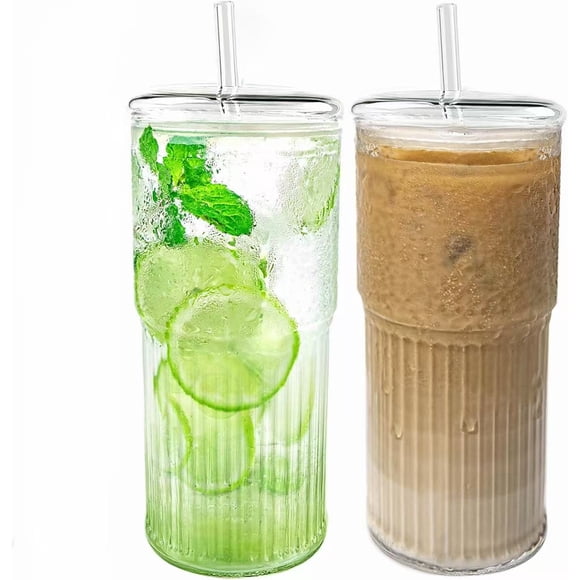 Set de 2 Vasos de Vidrio de Borosilicato de 20 oz con Tapas Herméticas y Pajitas de Vidrio para Bebidas Frías y Calientes