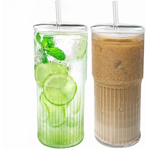 Set de 2 Vasos de Vidrio de Borosilicato de 20 oz con Tapas Herméticas y Pajitas de Vidrio para Bebidas Frías y Calientes