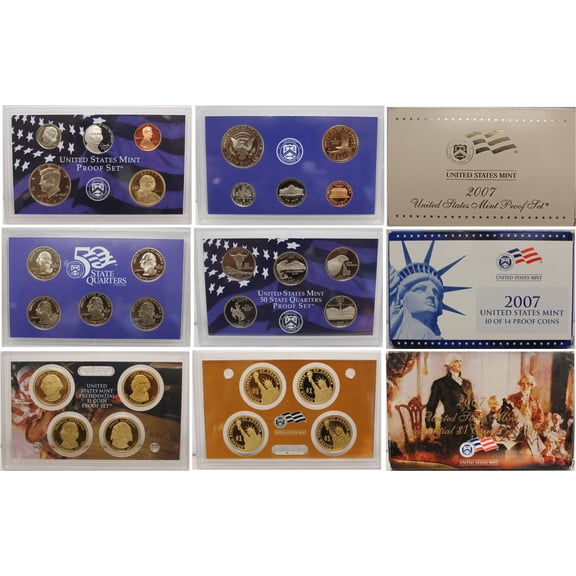 2007 Proof Set - U.S. Mint 14-Coin Clad Set - First Year of Presidential Dollars - Includes COA & OGP