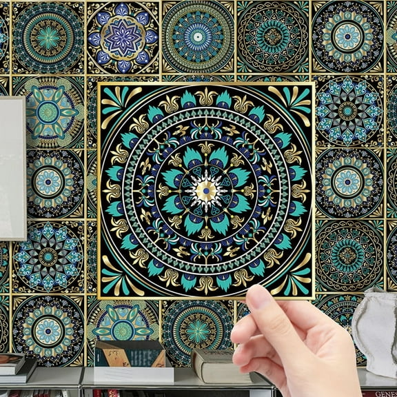 12PCS Tiles Stickers Kitchen Backsplash Decals 4x4inch Mandala Wall Stickers Vinyl Peel and Stick Bathroom Stairs Decor