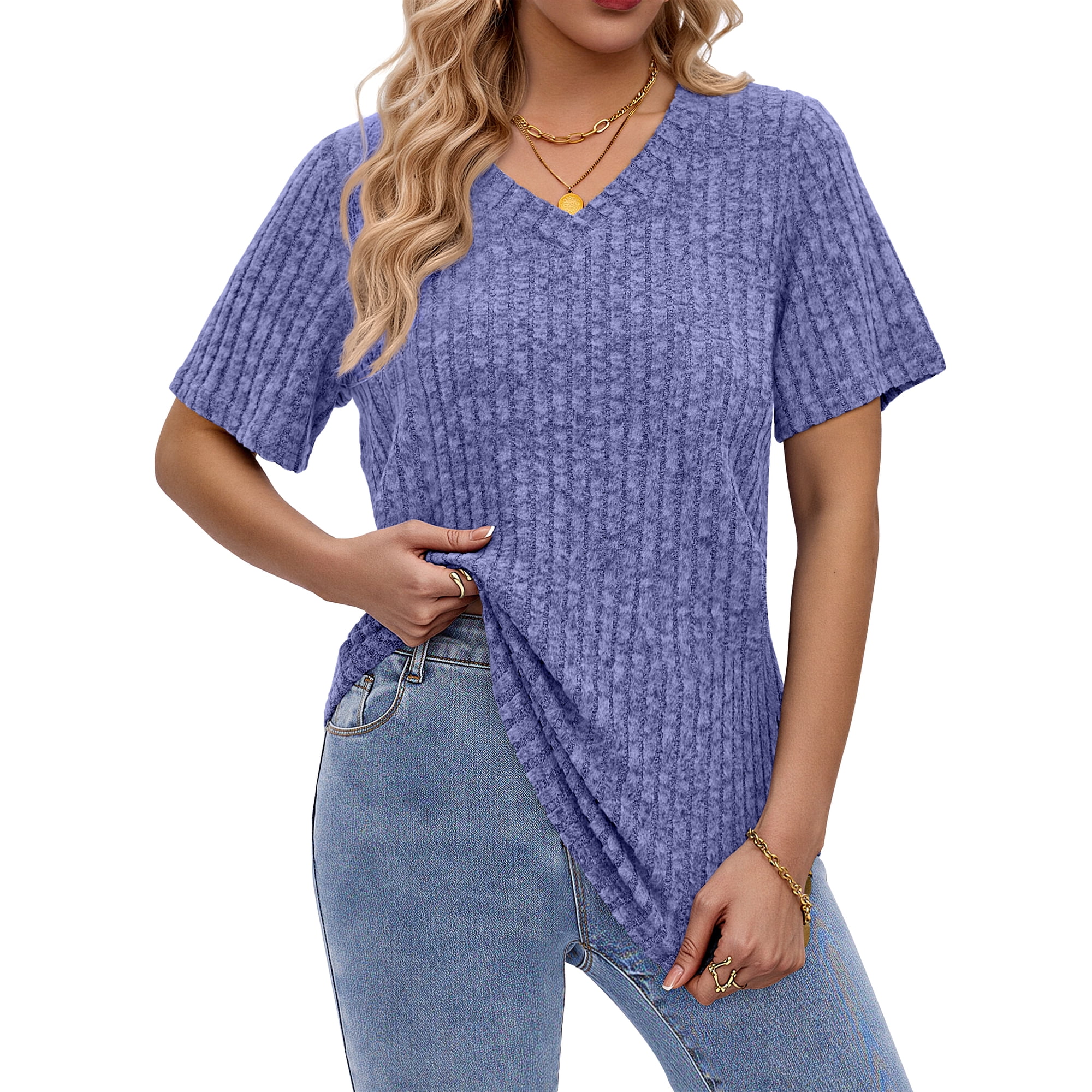 Fantaslook Women Tops V Neck Short Sleeve Shirts Dressy Casual Summer Tops Fashion Tunic Blouses