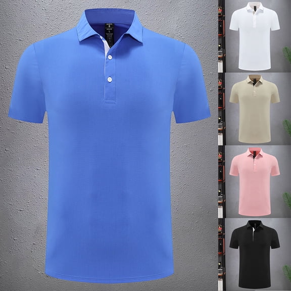 Mens Resistant Polo Shirt Breathable Short Sleeve T Shirts Classic Fit Casual Summer Top Blue L