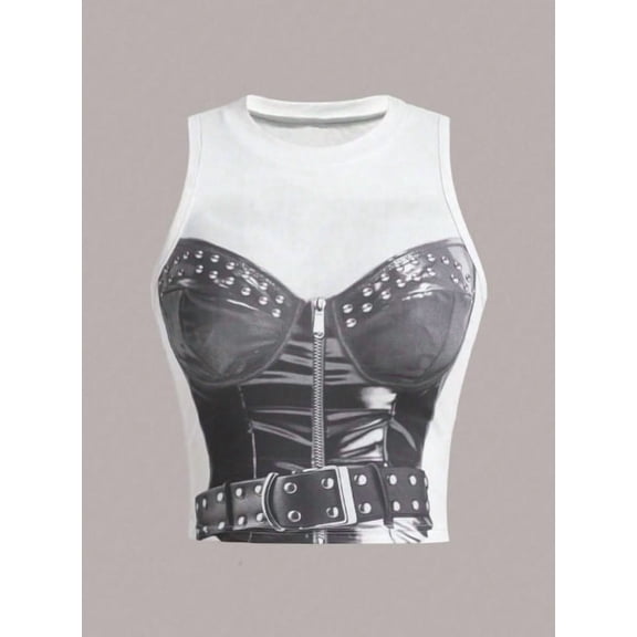 Women's Y2K Gothic 3D Corset Print Crop Top Punk Studded Belt Illusion Sleeveless Slim Fit Tank Top