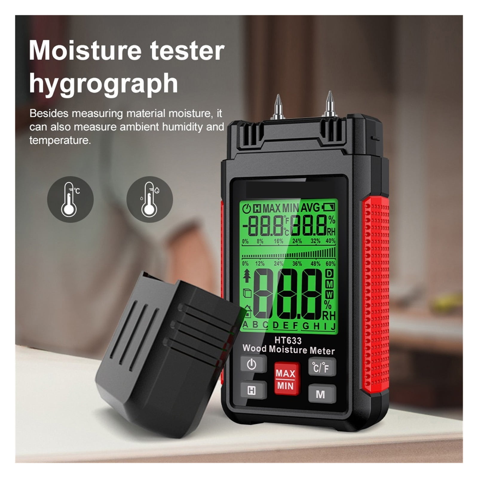 HT633 Digital Moisture Meter Wood Humidity Tester Hygrometer 0~57% Timber Damp Detector LCD Display ,Easy to Operate
