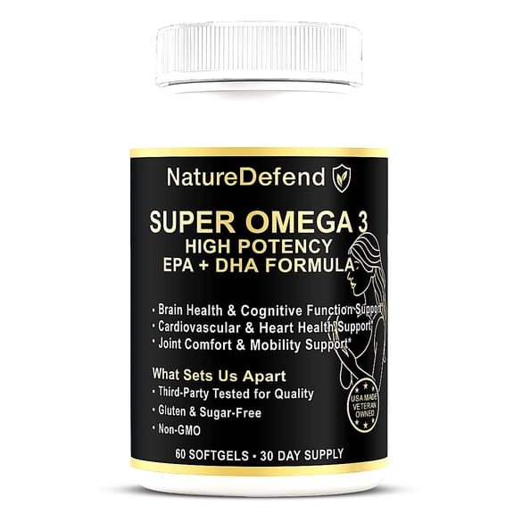 NatureDefend Omega-3 Fish Oil Softgels, EPA & DHA, Lemon, Heart & Brain Support, 60 Count, Veteran-Owned, USA Made