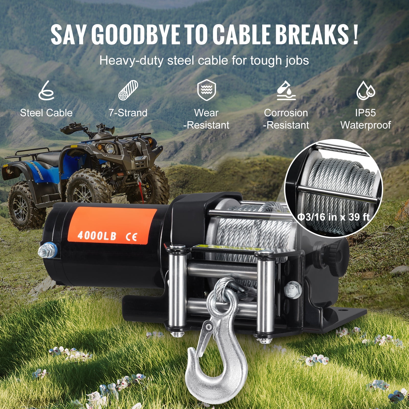 KFFKFF Electric Winch, 4000 lb Pulling Power, 12V DC for ATV/UTV, with Φ3/16 in x 39 ft Steel Cable, Roller Fairlead, Remote Control Options, IP55 Water Resistance, Ideal for UTV ATV Towing