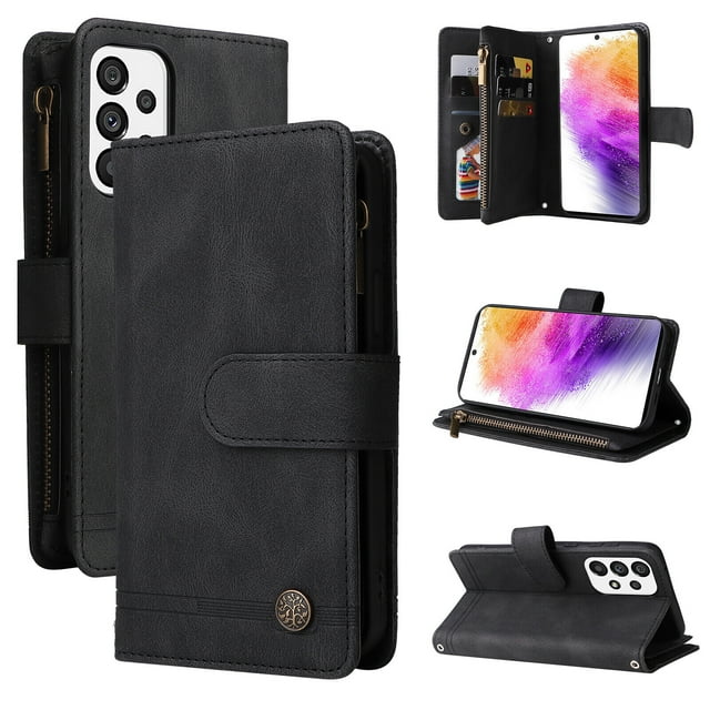 Case for Samsung Galaxy A73 5G Cover Zipper Pocket Wallet Case Magnetic Protective - Black