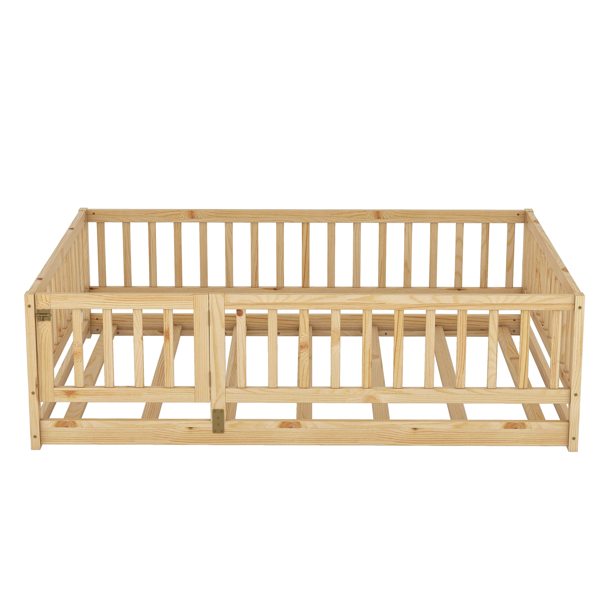 Full Size Montessori Floor Bed with Fence and Door, Solid Wood Kids Bed and Toddler Playhouse Bed with Slats, Oak