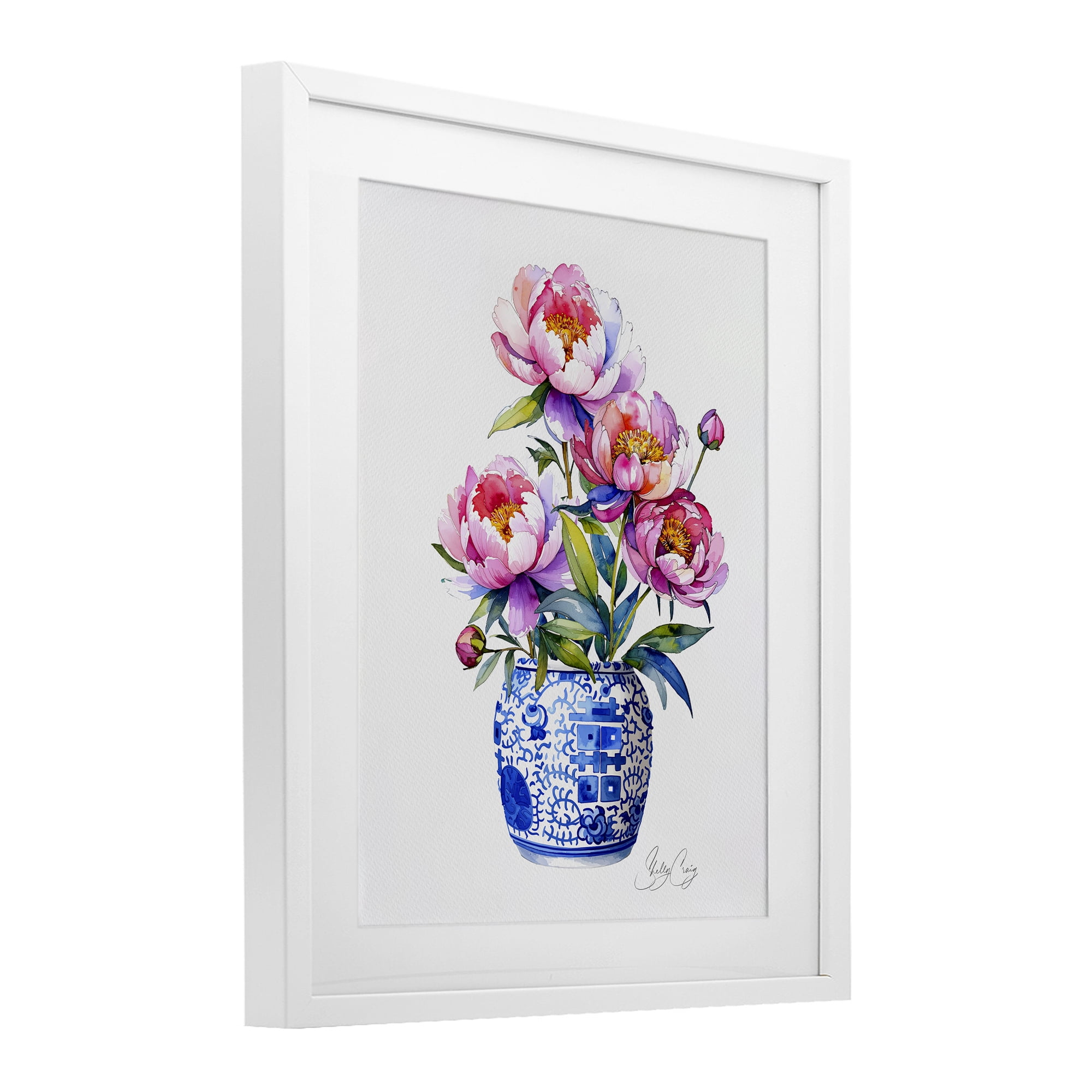 Stupell Industries Blue Dynasty Blooms White Framed Print Under Glass, design by Shelly Craig