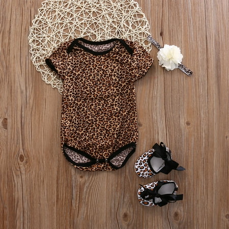 

Juaugusep 0-12M Pretty Flower Cute Shoes Bow Cotton Summer Tops Newborn Baby Girl Leopard Floral Printed Bodysuit+Shoes+Hairband 3Pcs Set