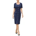 thumbnail image 2 of INSPIRE CHIC Work Dress for Women Square Neck Short Sleeve Button Down Vintage Sheath Midi Dresses with Belt S Navy Blue, 2 of 6