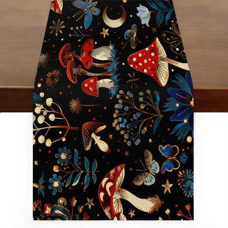 

Qzaxky Table Runner Boho Table Runner Vintage Mushroom Leaf Forest Bohemian Boho Outdoor Table Runner Decoration for Indoor Outdoor Home Dinner Party Wedding Decor 13 x 120 Inch