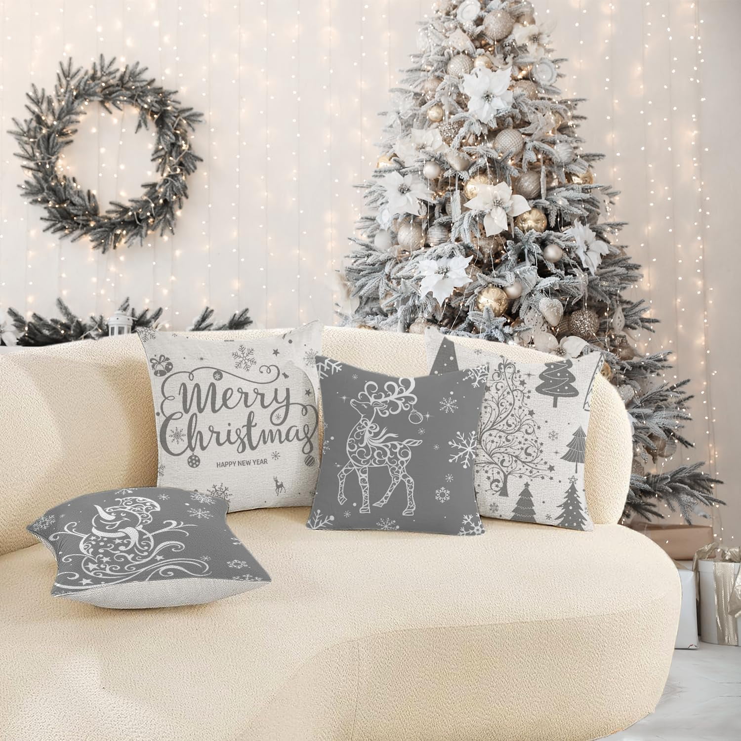 Grey Christmas Throw Pillow Covers 20x20 Set of 4 Christmas Decoration Trees Deer Snowman Merry Christmas Decorative Holiday Farmhouse Pillow Covers for Holiday Christmas Decoration