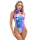 thumbnail image 4 of Body de mujer con escote alto y parte delantera metalizada, ropa de club, atuendo rave, leotardo con cremallera invisible en la espalda, traje de baño para fiesta en la piscina, 4 of 5
