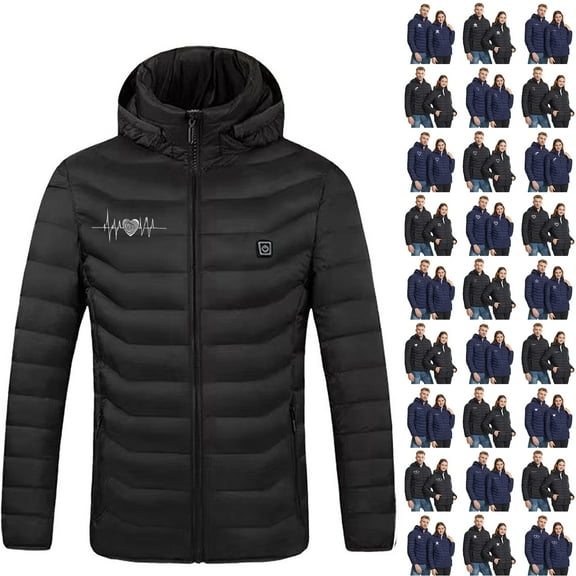 JTZGDY Heated Jacket for Men Women 8 Heating Zones Full Zip up Cute Heart/Stars Printed Long Sleeve Hooded Outwear Coat Jackets USB Winter Unisex Body Warm Thermal Coats M-Black S