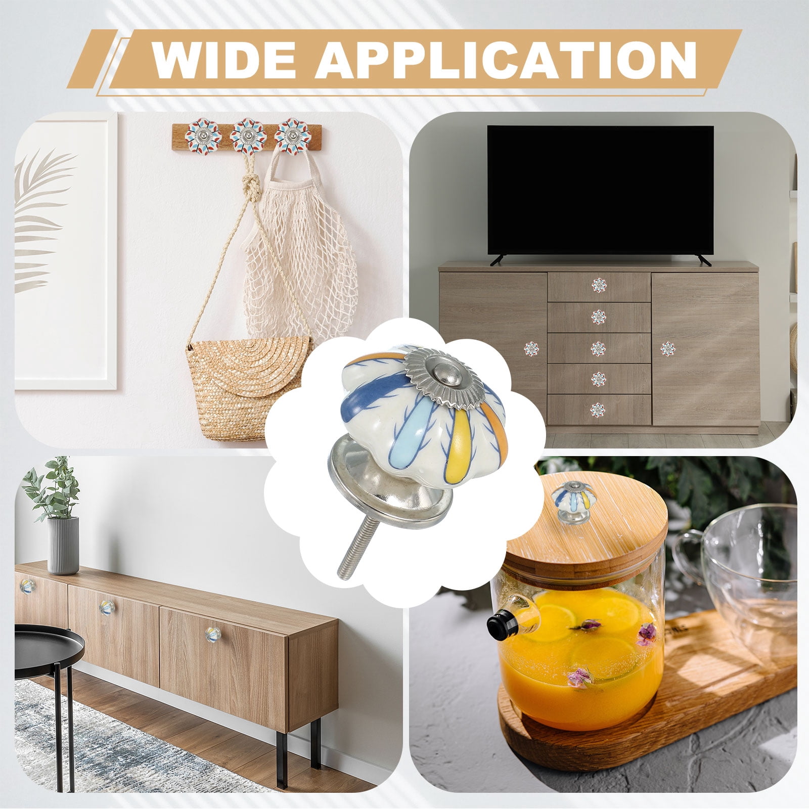 Unique Bargains Stylish Ceramic Drawer Knobs with Pumpkin Design Orange Yellow Blue Flower