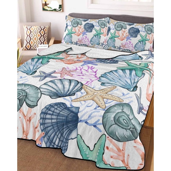 Coastal Beach Full Size Down Alternative Comforter, Lightweight Comforter Quilt Bedding Set with Pillow Shams Watercolor Nautical Starfish Shell All Seasons Bed Comforter Duvet Insert 78"x90"