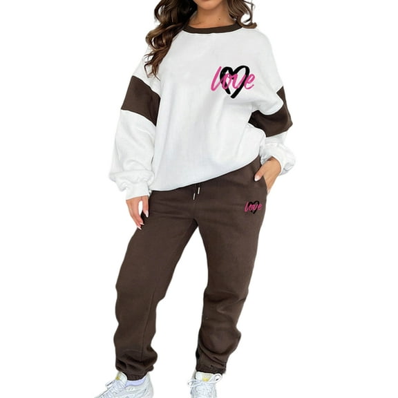 Sweatsuits for Women 2 Piece Heart Print Color Block Sweatshirt Fashion Casual Crewneck Lounge Sets Brown S