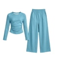 thumbnail image 2 of QTBIUQ Girls Two-Piece Fall Set Long-Sleeve Fitted Crop Top and Elastic Waist Wide-Leg Pants Casual Outfit Set, 2 of 6