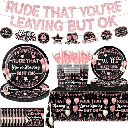 142pcs Going Away Party Decorations Rude That You’re Leaving But OK Party Supplies for Coworkers Retirement Leaving Farewell Paper Plates Napkins Banner We Will Miss You Decorations(Rose Gold)