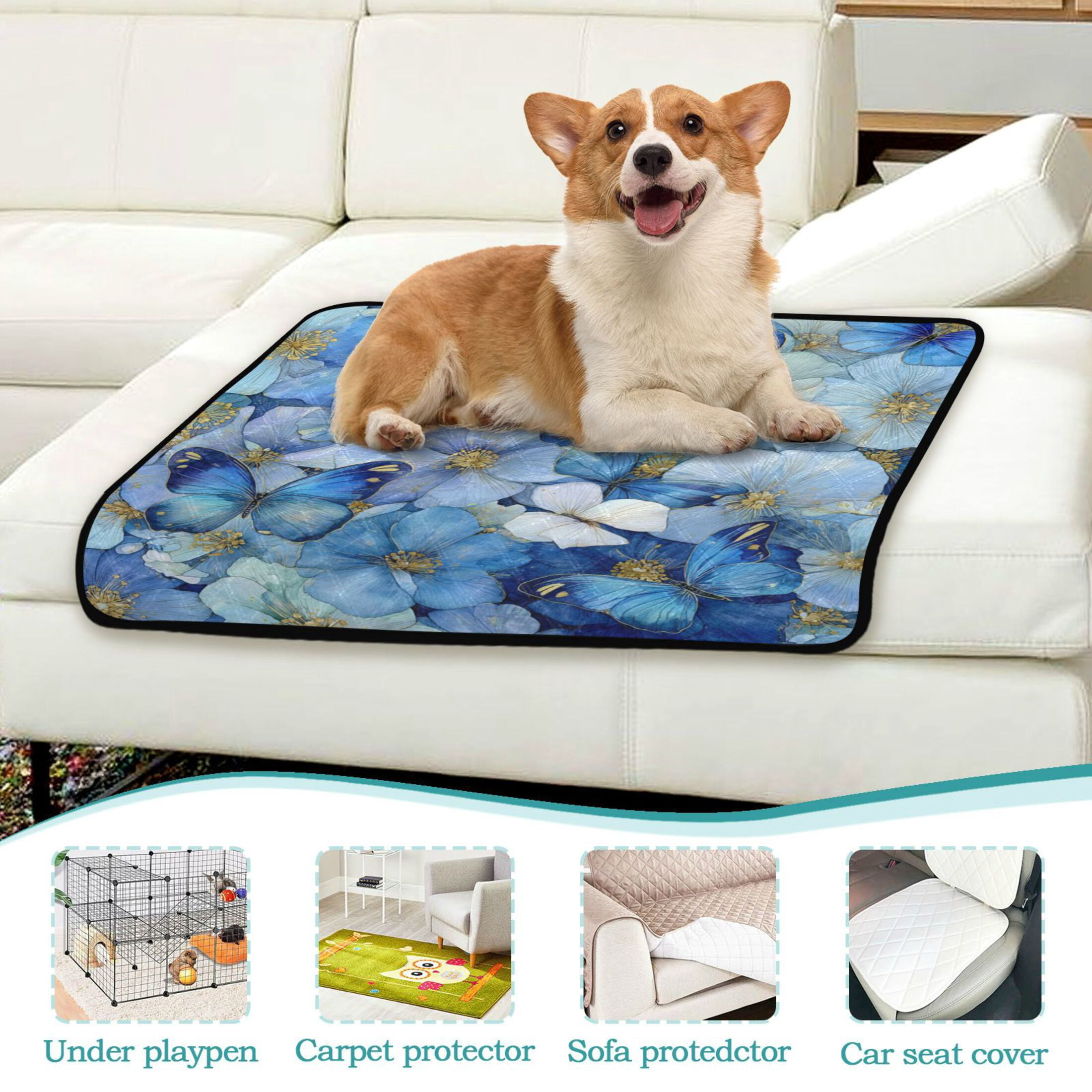 Qxltty Pale Blue Butterfly Cat litter Pads Pet Set of 2 Diaper Mats Center Anti-leakage Layer Absorbent Soft and Comfortable